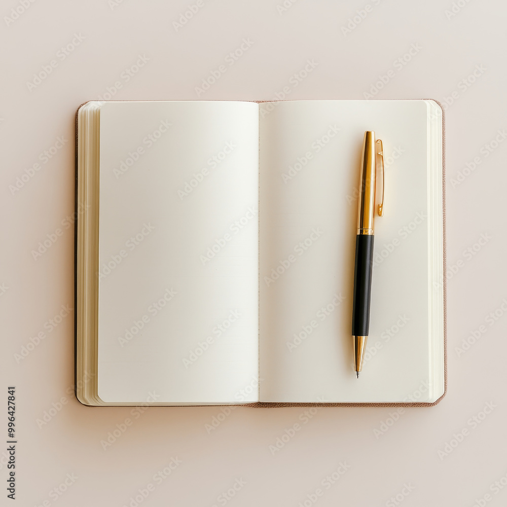 Poster a minimalist notebook with pen resting on its pages, perfect for capturing thoughts and ideas in ser