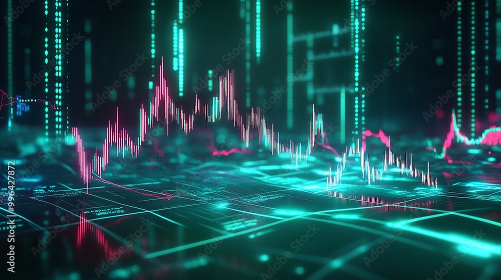 Poster futuristic data visualization with glowing graphs on a digital interface.