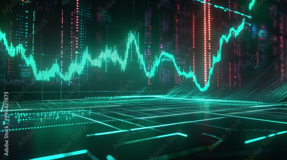 Poster futuristic data visualization with glowing green graphs on a digital grid background.