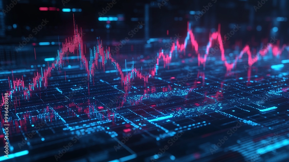 Poster futuristic data visualization with glowing lines and graphs in blue and red tones, representing digi