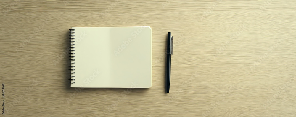 Poster a top down view of blank notebook and pen on clean light wood surface, creating serene workspace for