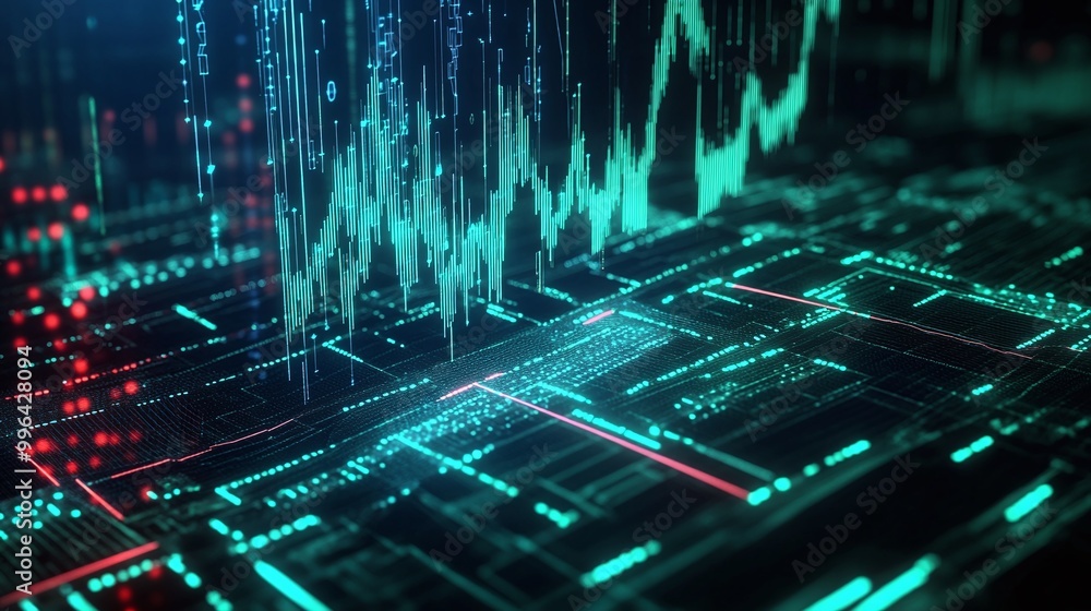 Poster futuristic data visualization with glowing lines and digital graphs on a dark background.
