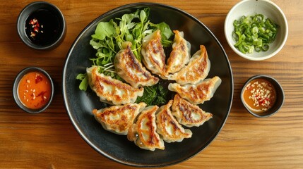 A top-down view of a plate of fried gyoza, surrounded by small dishes of dipping sauces and fresh greens on a wooden table.