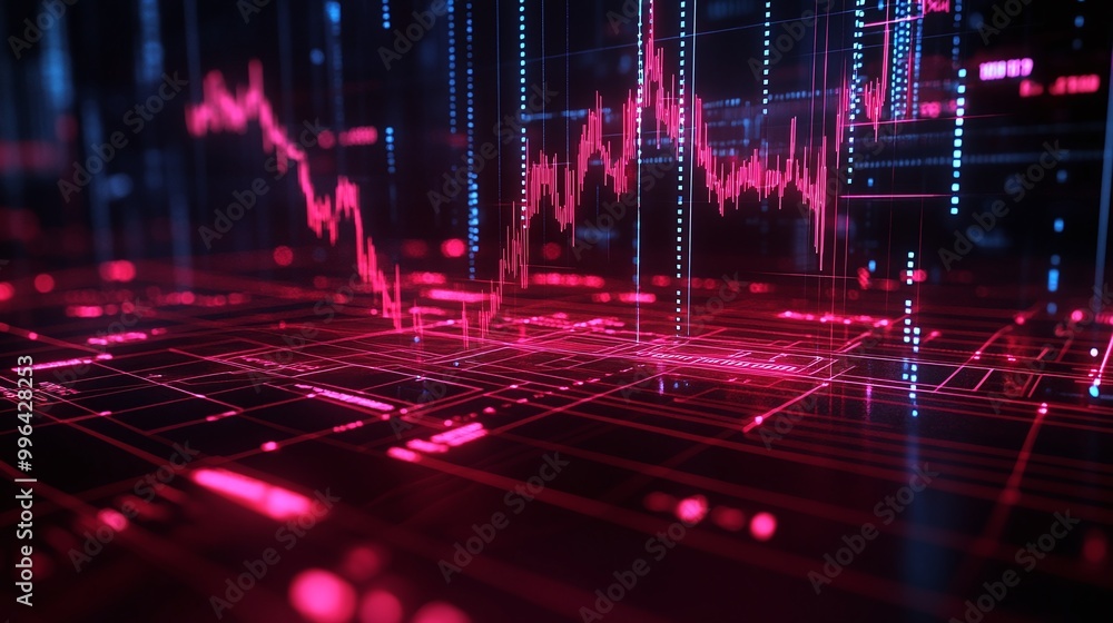 Poster futuristic data visualization with glowing red lines and graphs on a digital grid background.