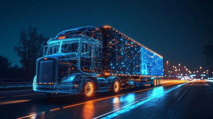 A futuristic truck with glowing lines driving on a dark road at night, showcasing advanced transportation technology and innovation