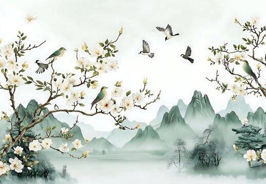 Chinoiserie wall mural, with birds and flowers