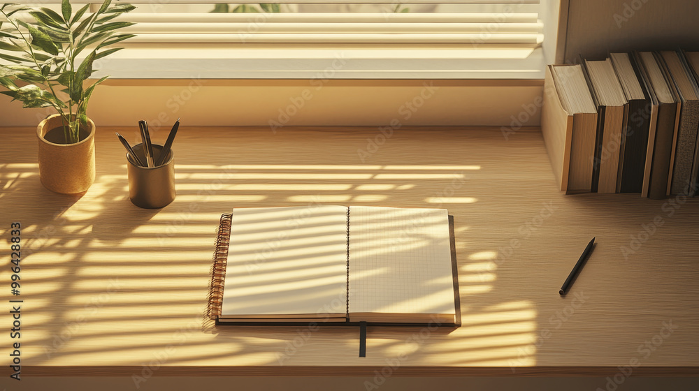 Poster a minimalist workspace featuring notebook and pen, illuminated by soft light, creates serene atmosph