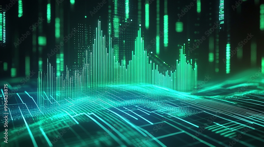 Poster futuristic data visualization with green lines and graphs on a dark background, representing digital