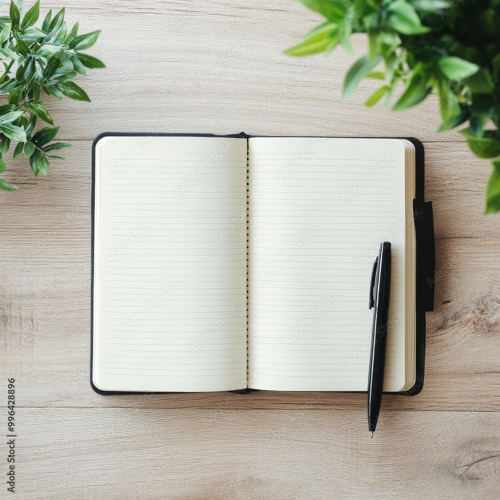 Poster an open notebook with blank pages and pen rests on light wood desk, surrounded by green plants, crea