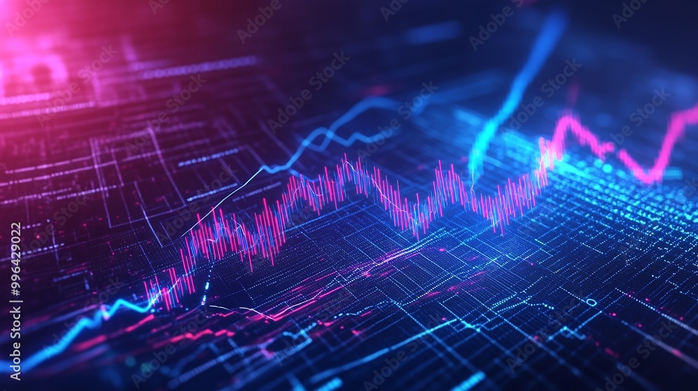 Poster futuristic data visualization with neon lines representing statistical growth and trends on a digita