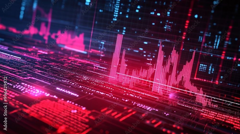 Poster futuristic data visualization with neon pink and blue elements on a dark background showing digital 