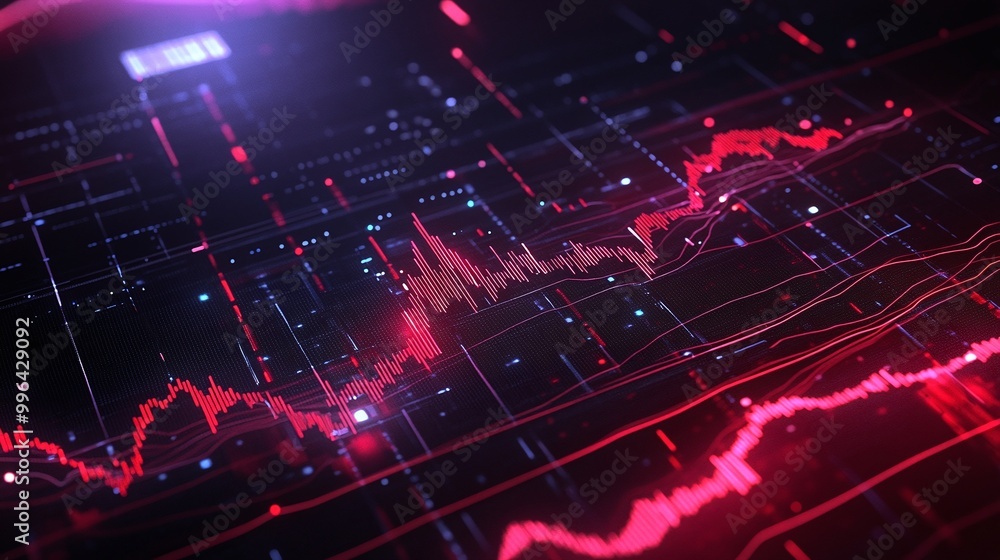 Poster futuristic data visualization with neon red graph on a dark background, showcasing modern analytics 