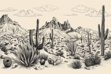 A scenic view of the desert with tall cacti and dry terrain
