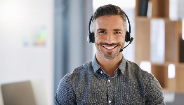A call center worker sitting at a laptop in the office. Generated image