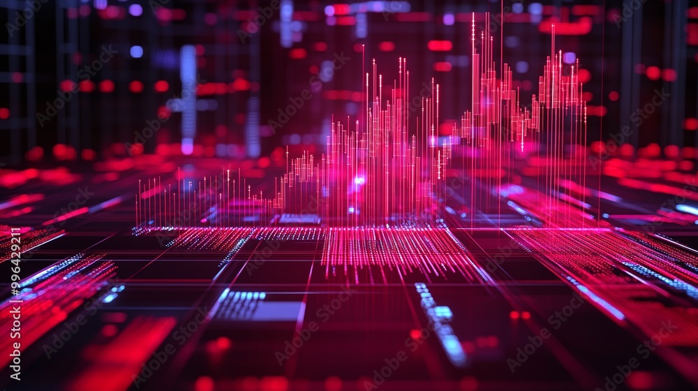 Poster futuristic data visualization with red and blue glowing lines on a digital grid background.