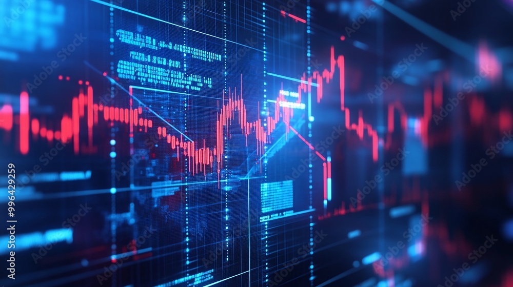 Poster futuristic data visualization with red and blue graph elements on a dark background for digital anal