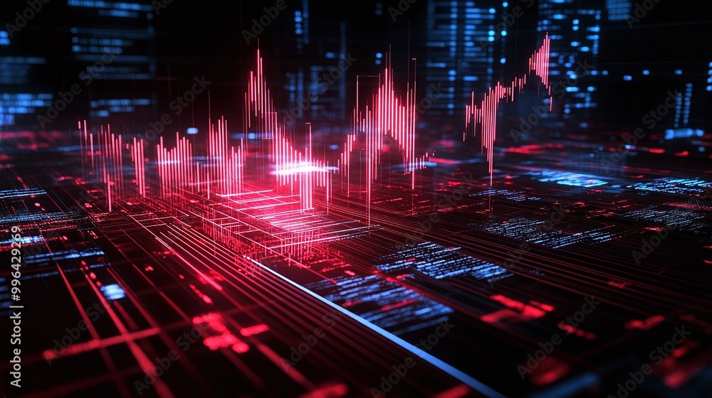 Poster futuristic data visualization with red and blue graphics displaying network connections and metrics.
