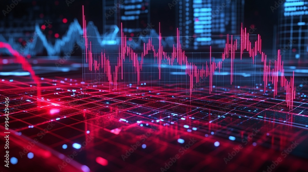 Poster futuristic data visualization with red and blue graphs on a digital grid, representing market trends