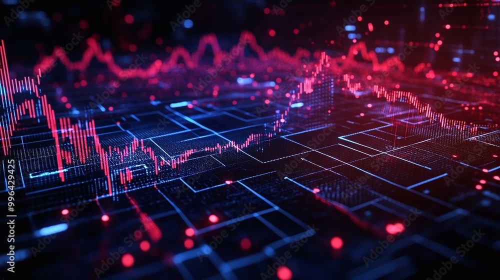 Aufkleber futuristic data visualization with red and blue lines against a digital background, representing ana