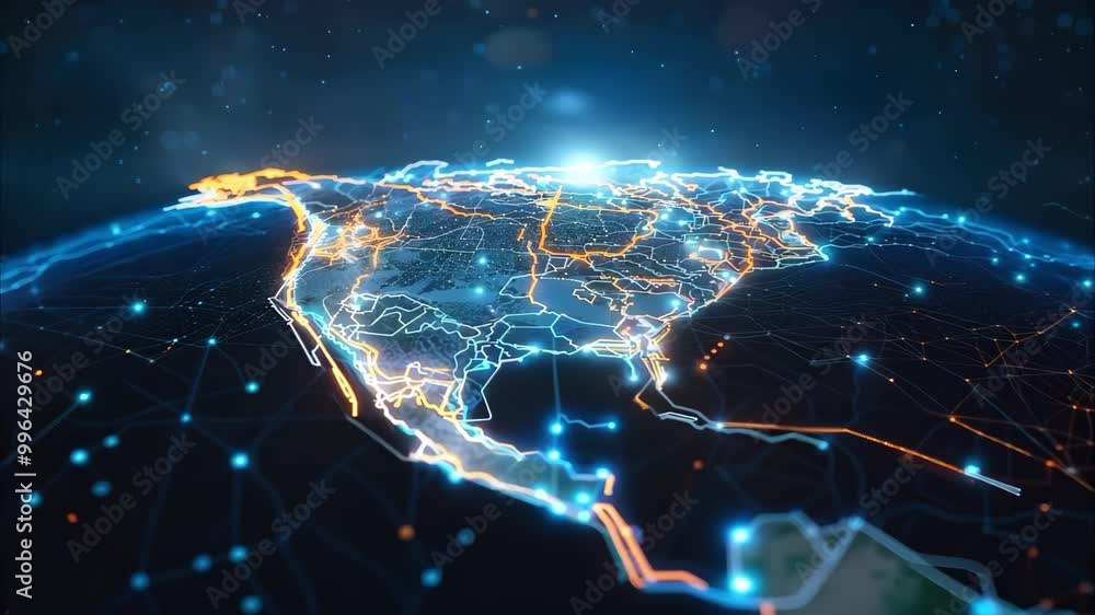 Poster a digital representation of north america with glowing network connections and data points, symboliz