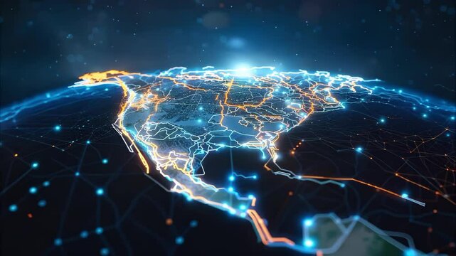 A digital representation of North America with glowing network connections and data points, symbolizing connectivity and technology.