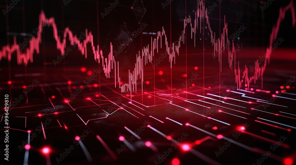Poster futuristic data visualization with red graphs representing stock market trends on digital interface.