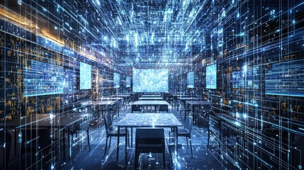 Classroom interior generated with school desks, chairs, and table for teaching and learning