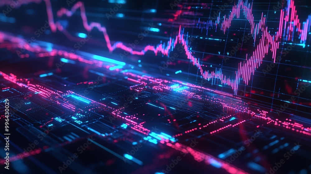 Poster futuristic data visualization with vibrant colors and dynamic graphs representing financial market t