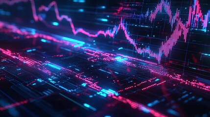 Futuristic data visualization with vibrant colors and dynamic graphs representing financial market trends.