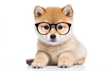 Obraz premium A fluffy Shiba Inu puppy with big, round glasses that make its eyes look even bigger