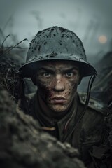 Fototapeta premium A soldier stares intensely from a trench covered in mud