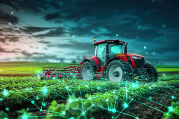 Tractor con líneas e iconos. Concepto de agricultura inteligente