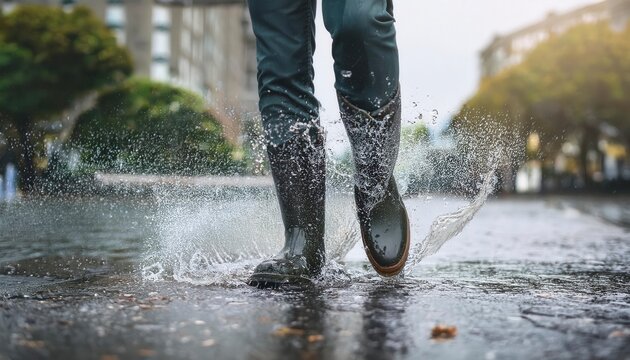 Rain, walking boots and water splash in city street. Generated image