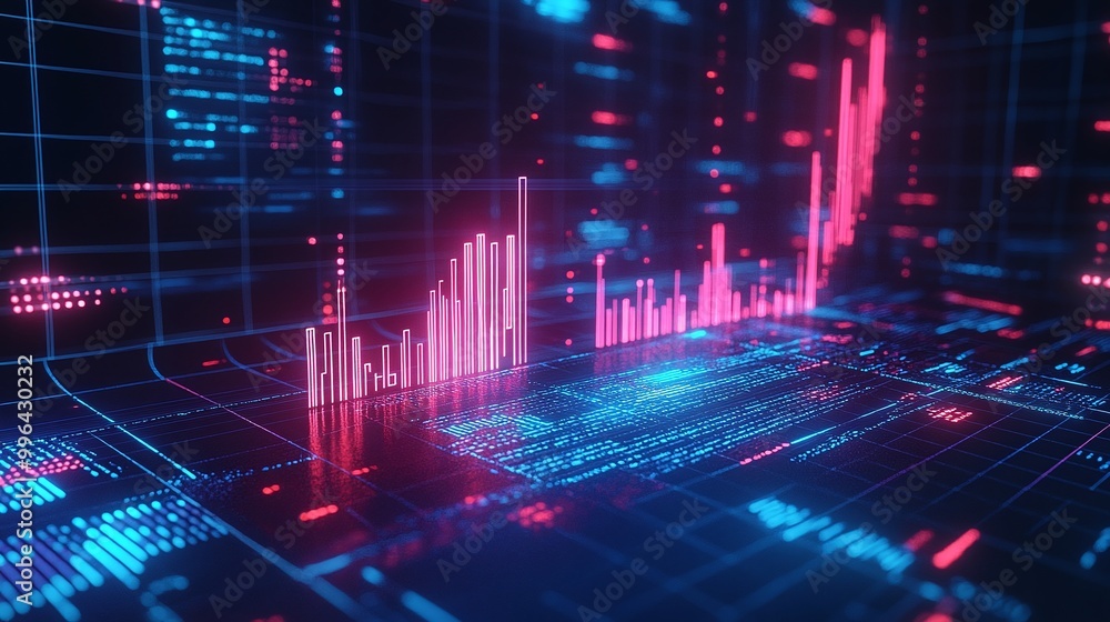Poster futuristic data visualization with vibrant colors showing analytics and growth trends in digital env
