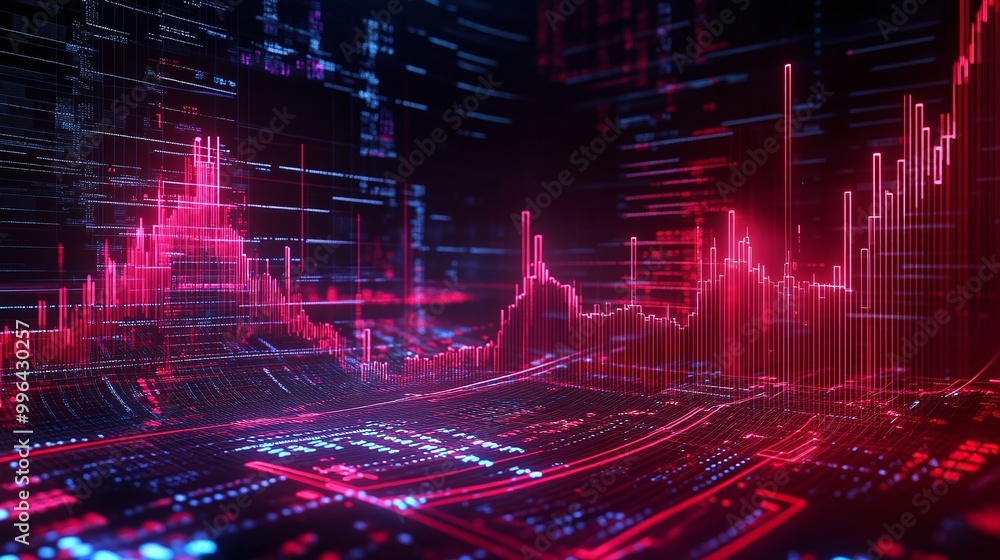 Poster futuristic data visualization with vibrant digital graphs and charts showcasing financial trends and