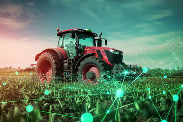 Tractor con l&iacute;neas e iconos. Concepto de agricultura inteligente