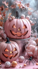 Pink pumpkins with lit up faces on a pink background with candy and a spider.