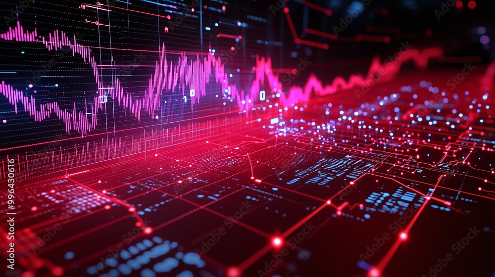 Poster futuristic data visualization with vibrant lines and graphs representing digital analytics and trend