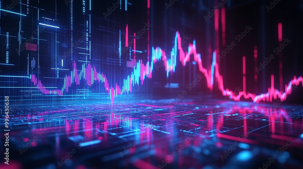Poster futuristic data visualization with vibrant neon colors showcasing fluctuating graphs against a digit