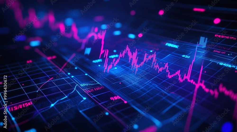 Poster futuristic data visualization with vibrant neon lines and graphs illustrating digital analytics and 
