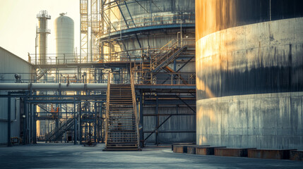Obraz premium A massive industrial storage tank surrounded by piping and machinery, bathed in the warm glow of sunset, showcasing modern infrastructure.
