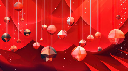 Illustration of christmas balls with geometric shapes on a vivid red background