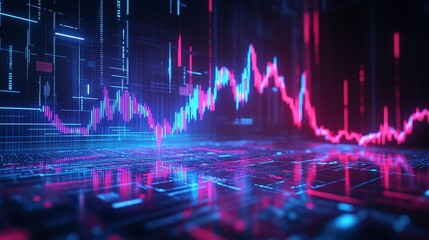 Futuristic data visualization with vibrant neon colors showcasing fluctuating graphs against a digital backdrop.