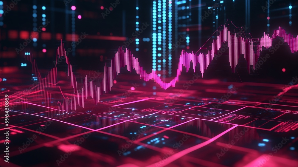 Poster futuristic data visualization with vibrant pink and blue lines representing stock market trends on a
