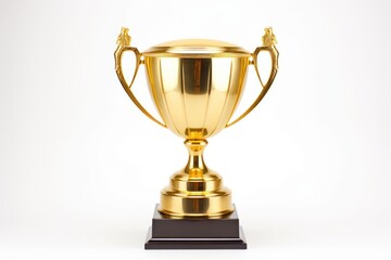 A gleaming gold trophy, symbolizing victory and achievement, standing tall against a stark white backdrop.