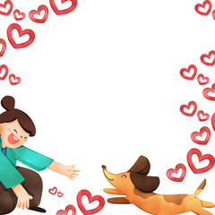A dog is jumping towards a woman who is kneeling with one knee and open arms waiting to hug the dog running around, surrounded by many hearts, hand-drawn watercolor painting frame design