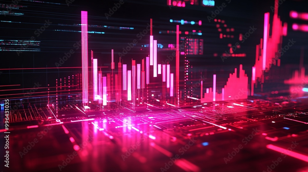 Poster futuristic data visualization with vibrant pink and dark tones representing digital growth and analy