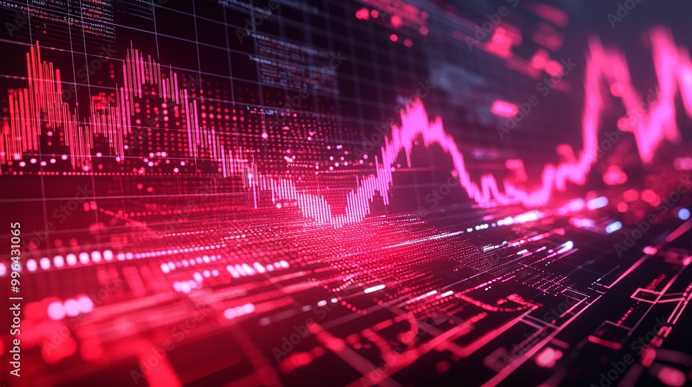 Poster futuristic data visualization with vibrant red and black colors, showcasing dynamic graphs and digit
