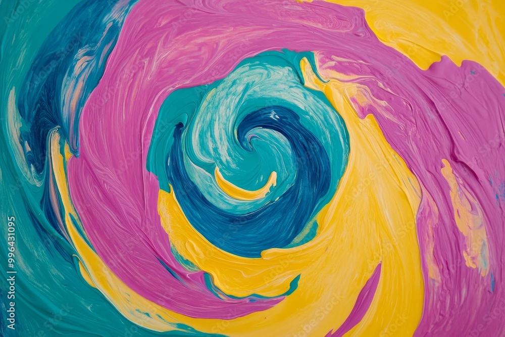 Poster close-up view of a textured, colorful abstract painting with a mix of colors and an abstract wallpap