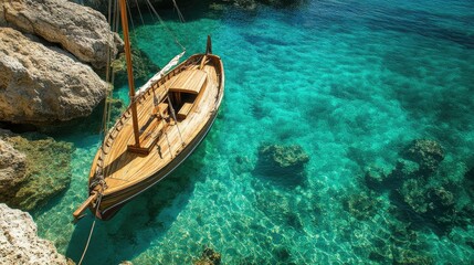 Obraz premium A vintage wooden sailboat anchored in a quiet bay, with crystal clear waters below revealing the sea floor.